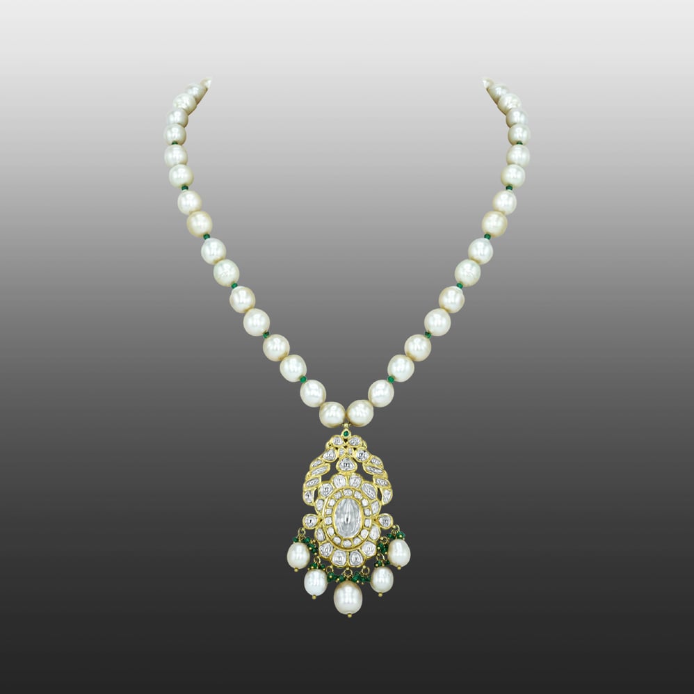 Pearl Strand Necklace with Polki Pendant and Emerald Beads